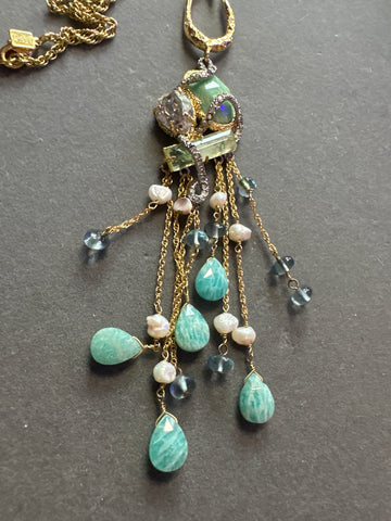 Alexis Bittar Gold Multicolor Seafoam Green and Rhinestone Hanging Necklace