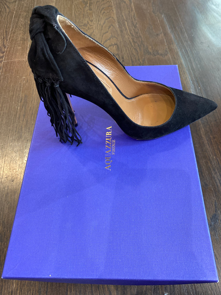 Aquazzura Black Suede Fringe Back Pump