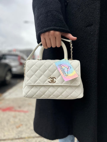 Chanel White Caviar Leather Coco Mini Handle
