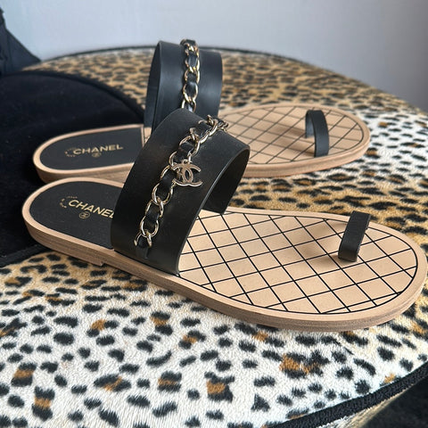 Chanel Black Sandal with Toe Strap and Gold Chain Detail