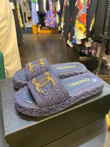 CHANEL Navy and Gold Woven Slide Sandals