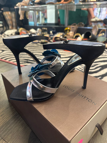 Vintage: Louis Vuitton Black Satin and Silver leather Sandal with Silk Teal Flower