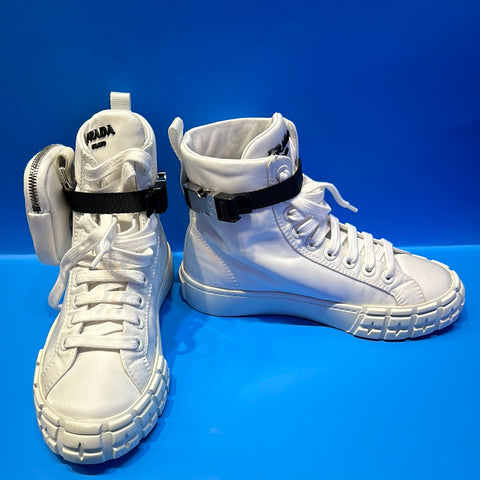 Prada White Nylon Side Pouch High Top Sneaker