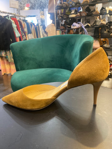 Jimmy Choo Tan Suede Dorsay Pump with a Patent Kitten Heel