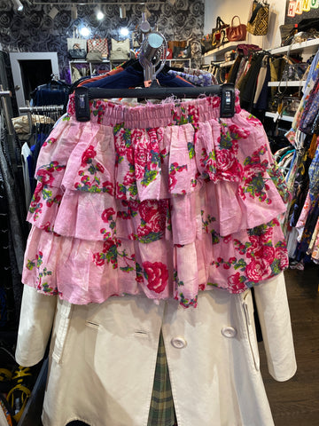 Love Shack Fancy Pink Floral Tiered Mini Skirt