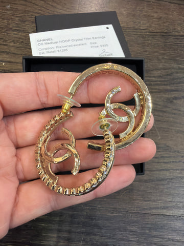 CHANEL CC Medium HOOP Crystal Trim Earrings