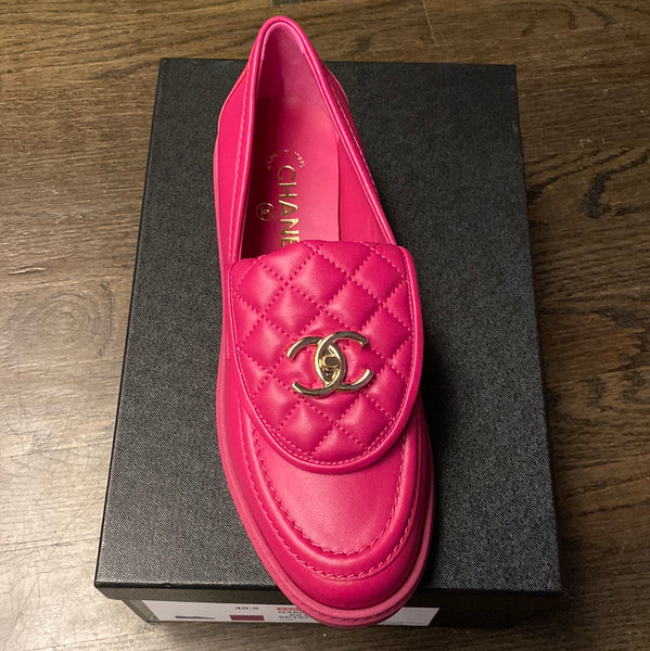 Chanel Fuschia Lambskin Quilted Silver Turnlock Loafer with Silver Hardware