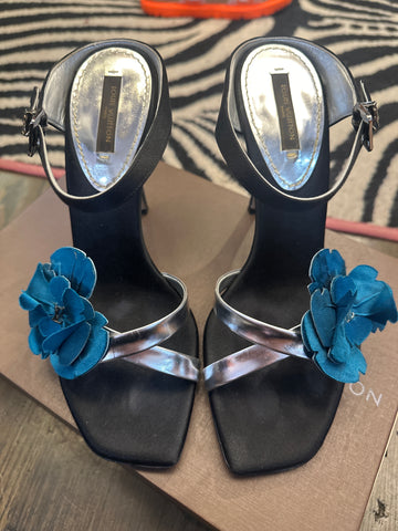 Vintage: Louis Vuitton Black Satin and Silver leather Sandal with Silk Teal Flower