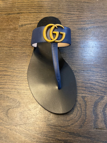 Gucci Navy Leather and Gold GG Thong Sandal