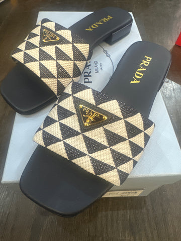 Prada Navy and White 'triangolo jacquar' Logo Sandal