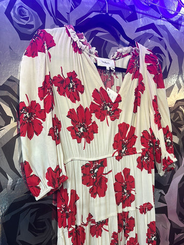 ba&sh Beige Short Sleeve Red Flowers with Layered Dress