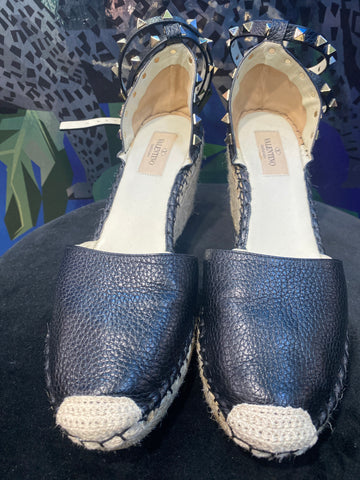 Valentino Black Leather Espadrill Wedge Ankle Strap