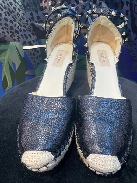 Valentino Black Leather Espadrill Wedge Ankle Strap