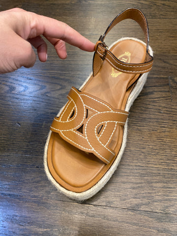Tods Kate Cognac Leather Wedge Espadrille Sandals