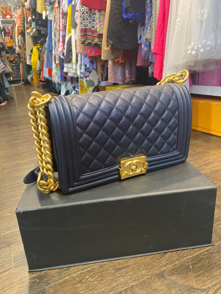 Chanel Dark Blue New Medium Caviar Leather Quilted Boy Bag with Antique Gold Hardware