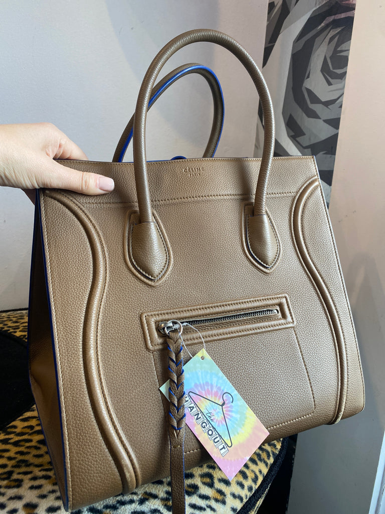 Celine Leather Phantom Luggage Tote in Light Brown with Bright Blue Suede interior