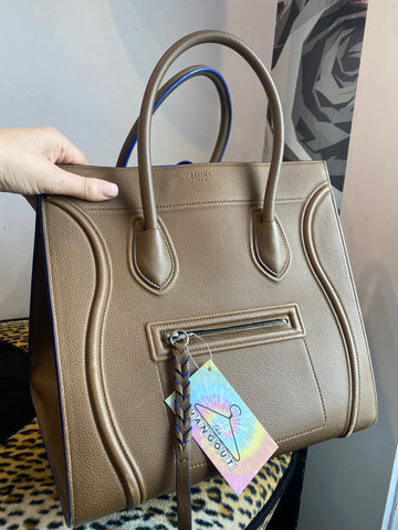 Celine Leather Phantom Luggage Tote in Light Brown with Bright Blue Suede interior
