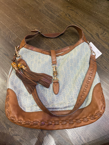 Vintage: Gucci Denim GG Supreme and Brown Leather Tassel Crossbody Bag