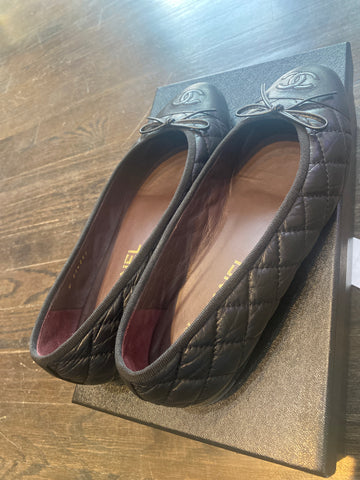 Chanel Black Leather Aged Calfskin Quilted Ballerinas
