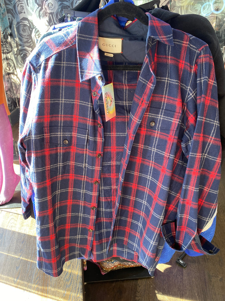 GUCCI Blue and Red Plaid Button Down Skirt with Tiger Patch