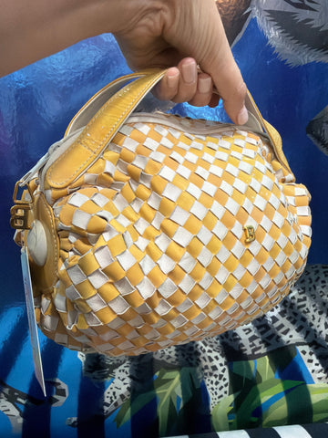 Vintage: BALLY White Leather and Yellow Patent Leather Woven Ball Bag