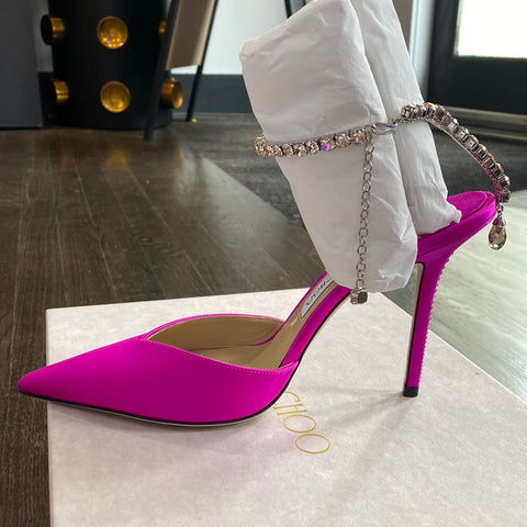 Jimmy Choo Pointed Toe Fuschsia Satin Heel with Crystal Chain