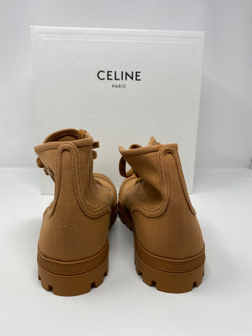 CELINE Cognac Canvas High Top Triomphe Logo Sneaker