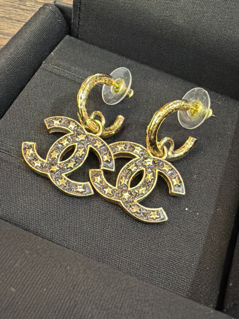 CHANEL Mini Gold hoop Earring Black Multicolor Glitter Interlock CC