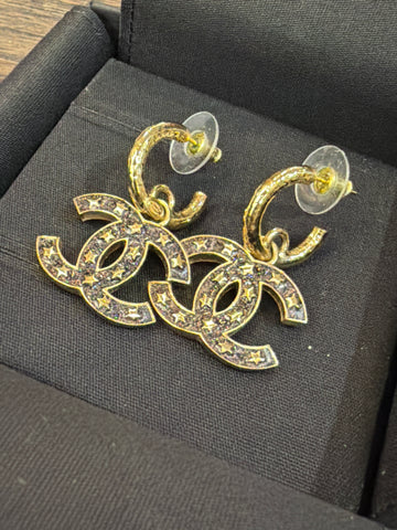 CHANEL Mini Gold hoop Earring Black Multicolor Glitter Interlock CC