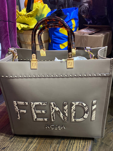 FENDI Sunshine Medium Dark Grey Leather and Elaphe Shopper