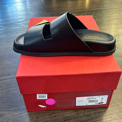VALENTINO Black LEather Two Strap Large Stud Slides