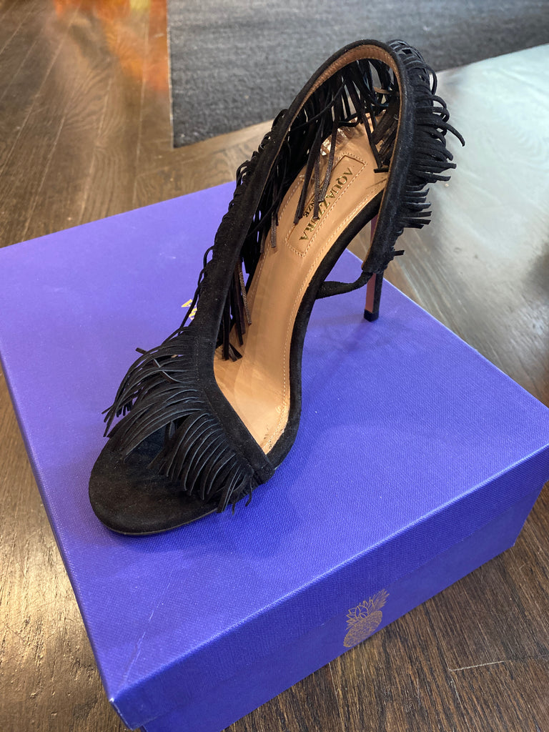 Aquazzura Black Suede Fringe Open Toe 'WILD THING' Sandal