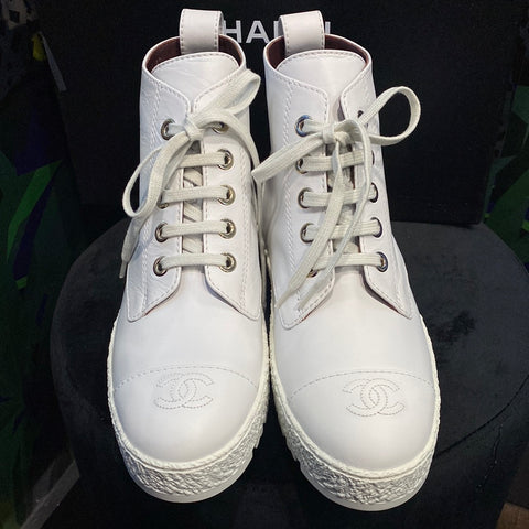 Chanel White Calfskin Rubber Bottom High Top 'Sneaker Boot'