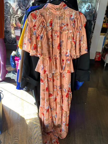 Cinq a Sept Pink Rose Print Ruffle Tiered Short Sleeve Dress