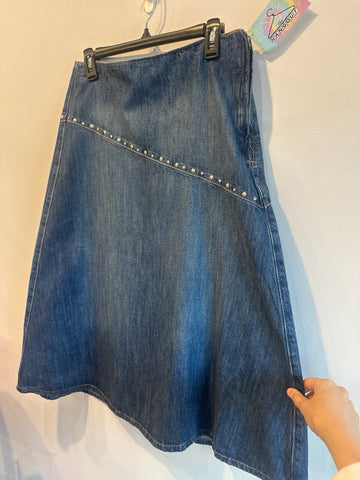 ZARA Blue Denim A Line Midi Skirt with Silver Studs