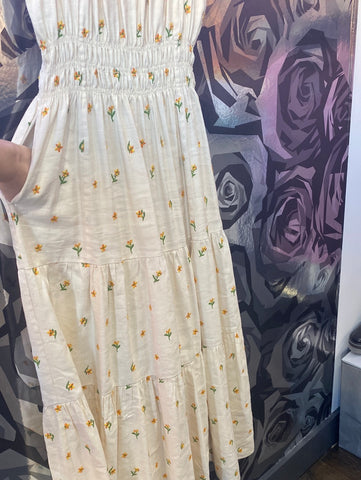 ANN MASHBURN 'Britini Dress' Cap Sleeve Neurtal Maxi Dress with Embroidered Flowers
