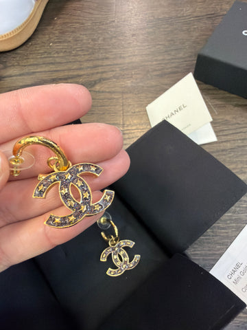 CHANEL Mini Gold hoop Earring Black Multicolor Glitter Interlock CC
