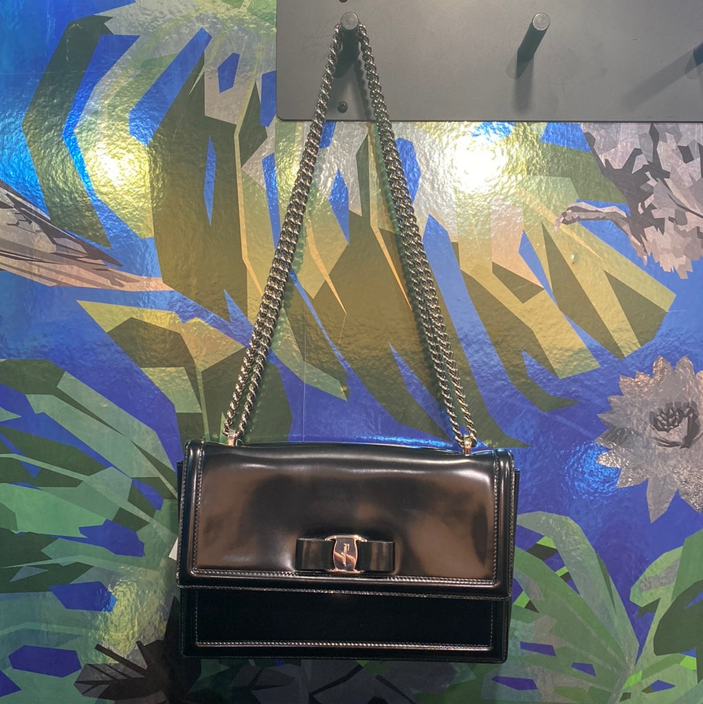 Ferragamo Black Patent Leather 'Ginny' Silver Shoulder Bag