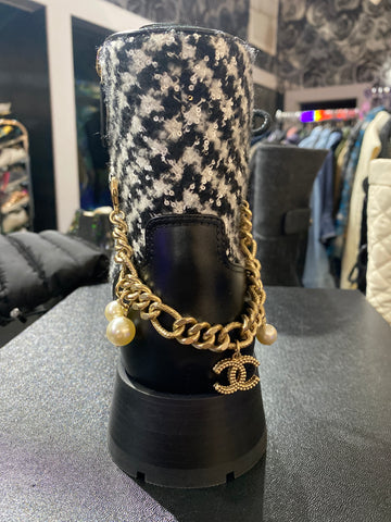 Chanel Black and White Tweed Calfskin and Back Chain Side Zip Boots