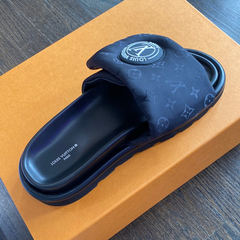 Louis Vuitton Black Nylon and Leather Logo Velcro Strap Slide