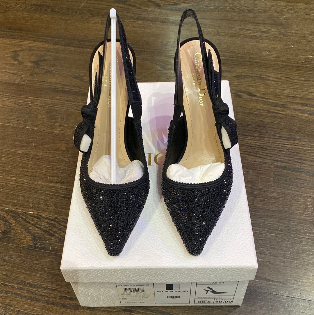 J'Adior Slingback Pump White and Black Cotton Embroidered