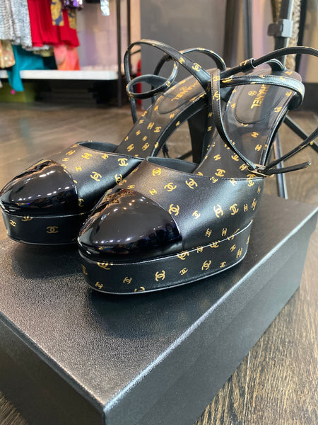 Chanel Black Leather Gold CC PLatform Patent Leather Toe Ankle Strap Heels