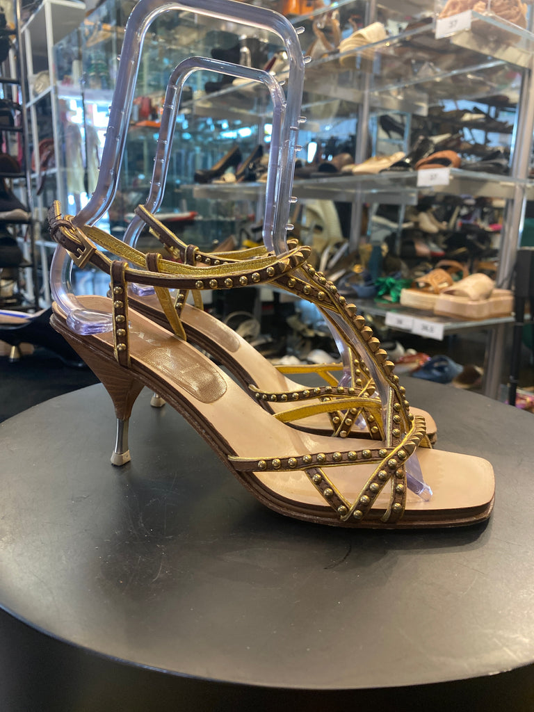Vintage: Prada Gold Metallic Leather Strappy Flat Sandals with Antique Gold Stud Embellishments and Ankle Strap