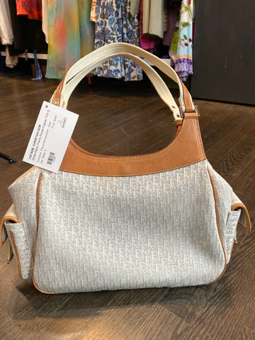 Vintage: Christian Dior White Fabric Frame Pocket Cognac Trim Shoulder Bag
