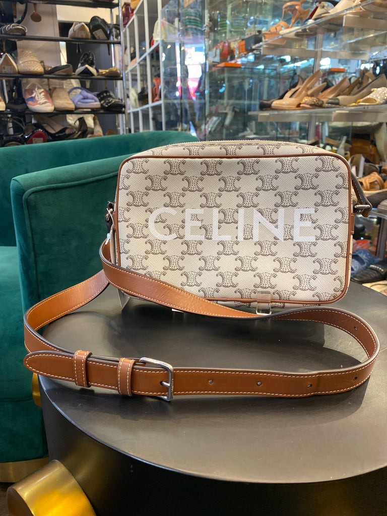 CELINE Cream Leather Medium Messenger Triomphe Logo Crossbody Bag