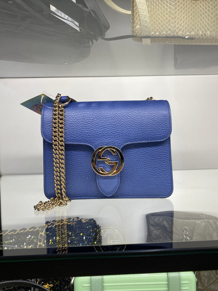 Gucci Blue Interlocking G Chain Pebbled Leather Accordian Shoulder Bag