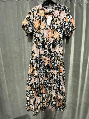 ELAN Black Floral and Paisely Short Sleeve Tiered Maxi Dress