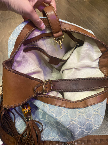 Vintage: Gucci Denim GG Supreme and Brown Leather Tassel Crossbody Bag
