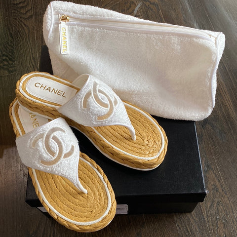 Chanel White Mesh, Fabric & Satin Thong Sandal with Braided Bottom