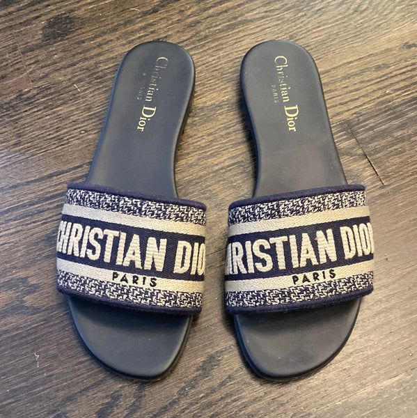 Christian Dior 'D WAY' Navy Fabric Slide Open Toe Sandal
